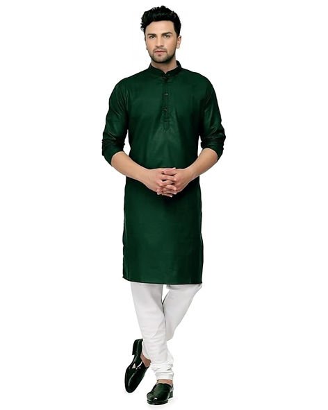 Dark Green Cotton Plain Men's Ethnic Kurta Pyjama Set