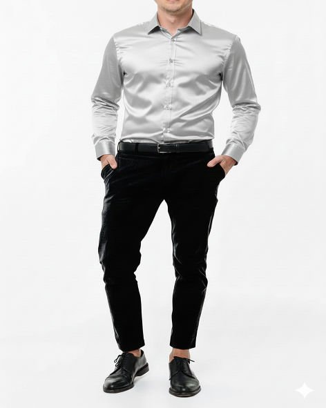 Giza Cotton Plain Silver Cotton Shirt Fabric With Black Pant Fabric Combo